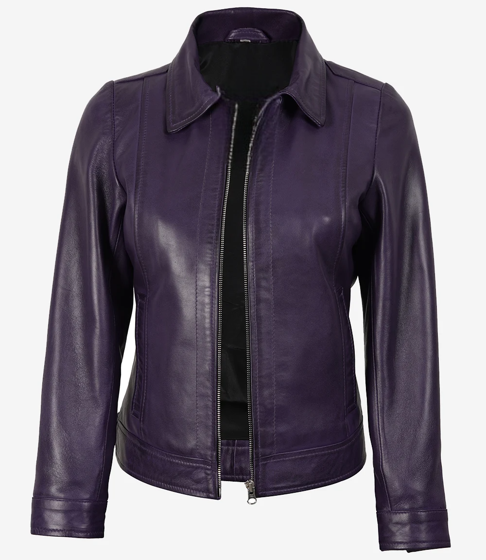 Leathees Purple Shirt Collar Leather Jacket for Women