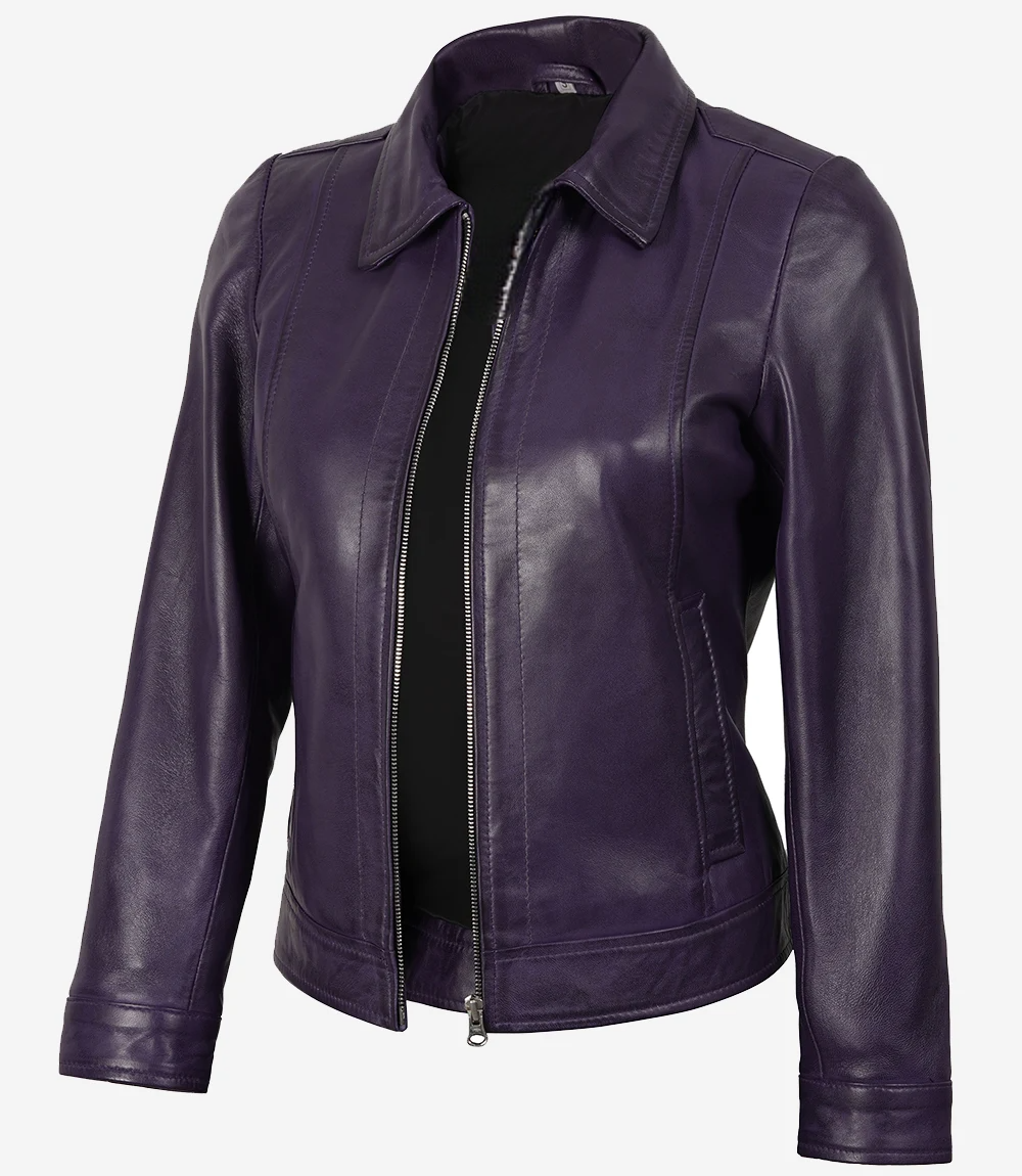 Leathees Purple Shirt Collar Leather Jacket for Women