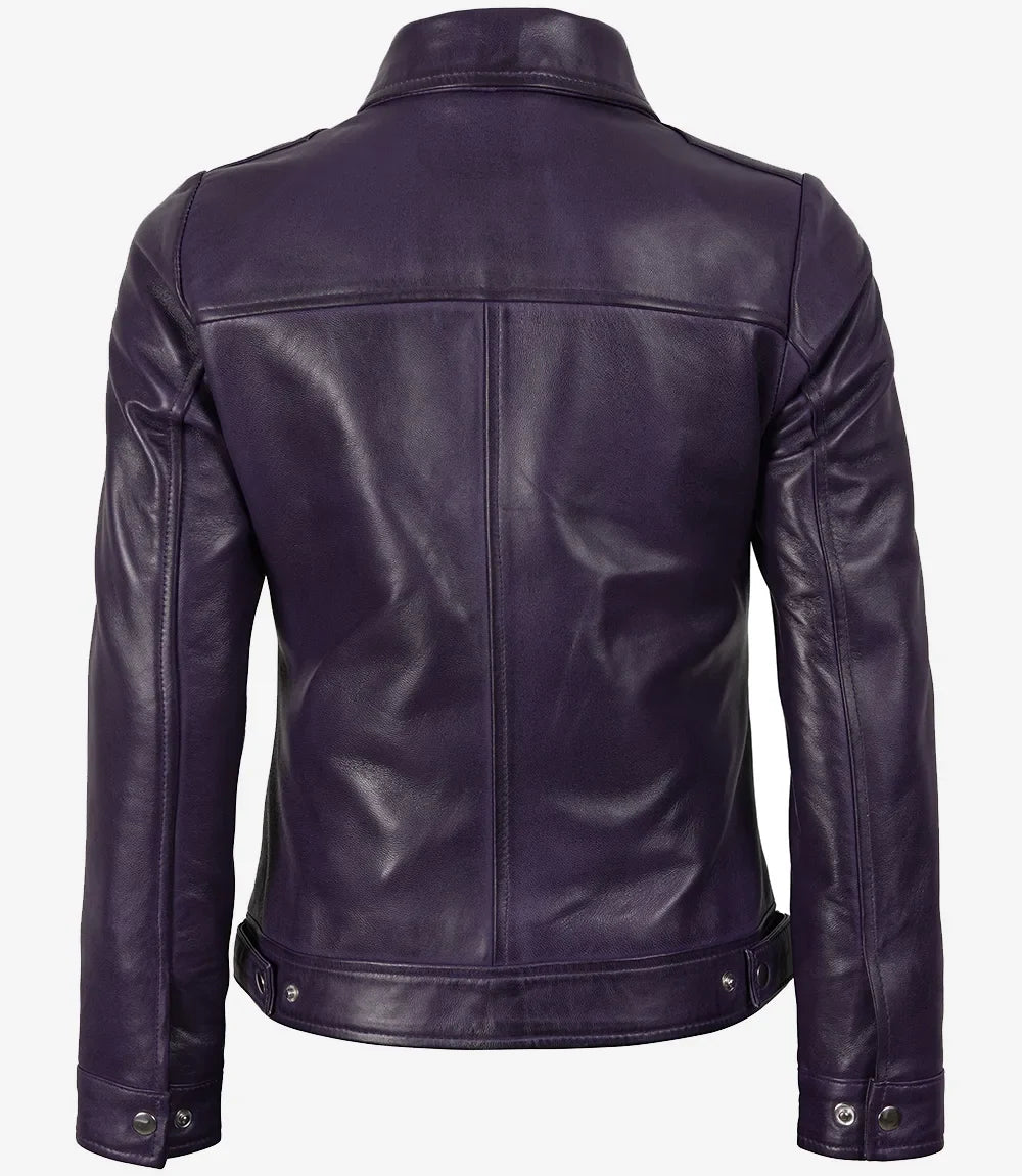 Leathees Purple Shirt Collar Leather Jacket for Women