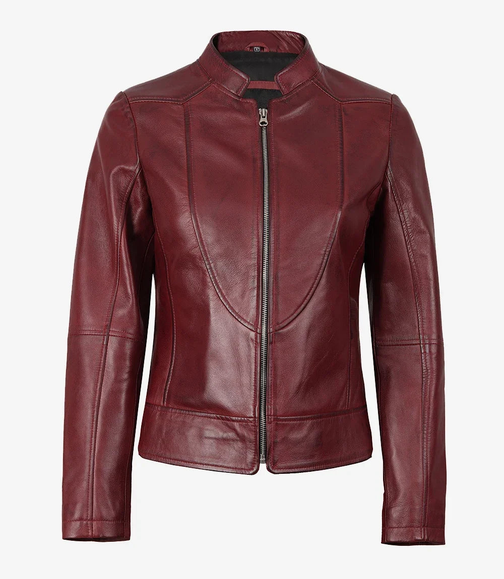 Leathees Womens Slim Fit Burgundy Leather Jacket
